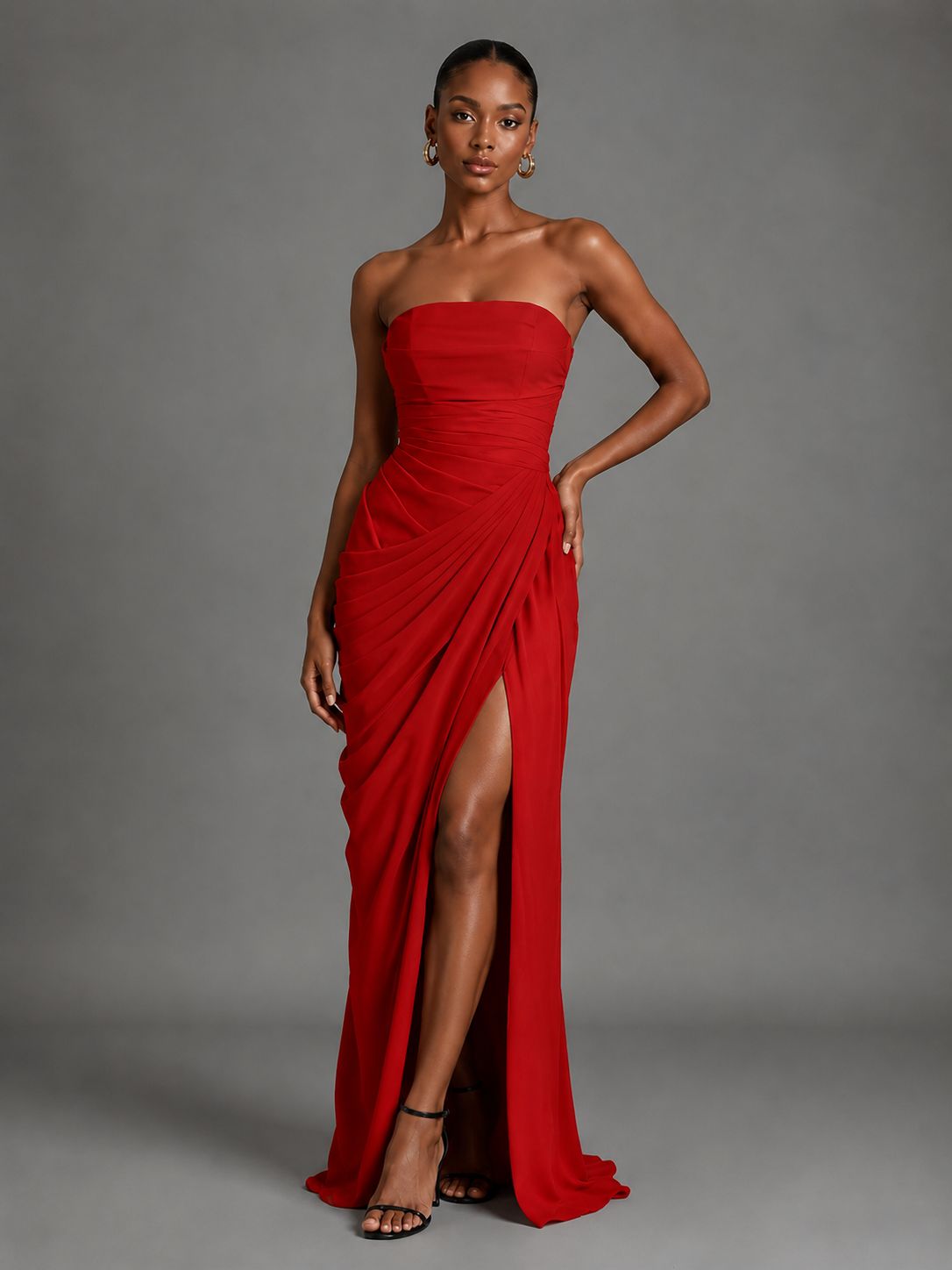 Strapless Bodycon Pleated Chiffon Formal Dress with Slit