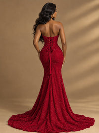 Beaded Sequin Prom Dress Strapless Formal Gowns with High Slit Train