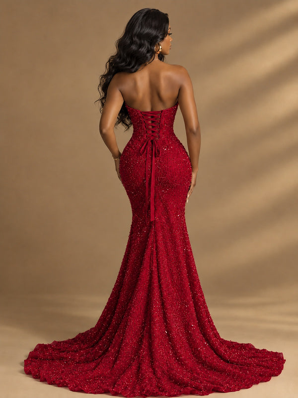 Beaded Sequin Prom Dress Strapless Formal Gowns with High Slit Train