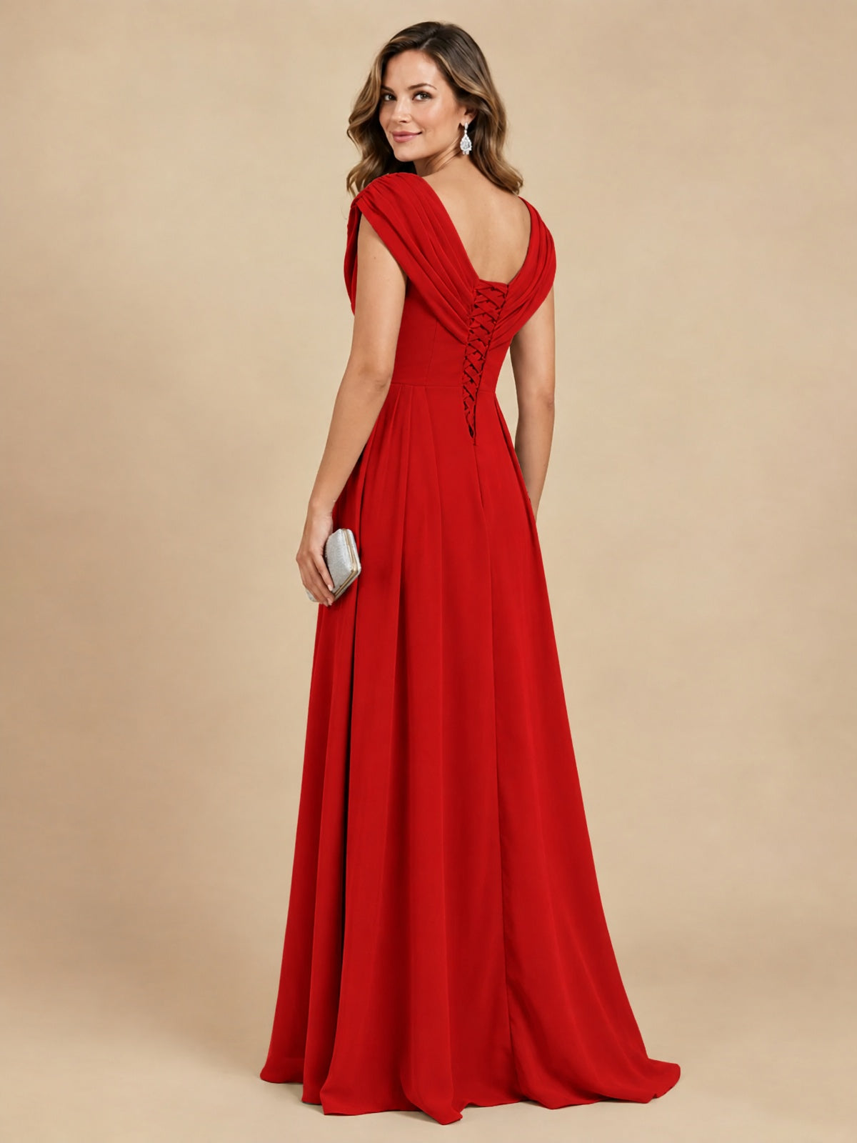 V Neck Pleated Mother of The Bride Dresses with Beading Cap Sleeves