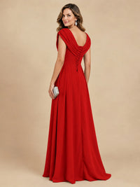 V Neck Pleated Mother of The Bride Dresses with Beading Cap Sleeves