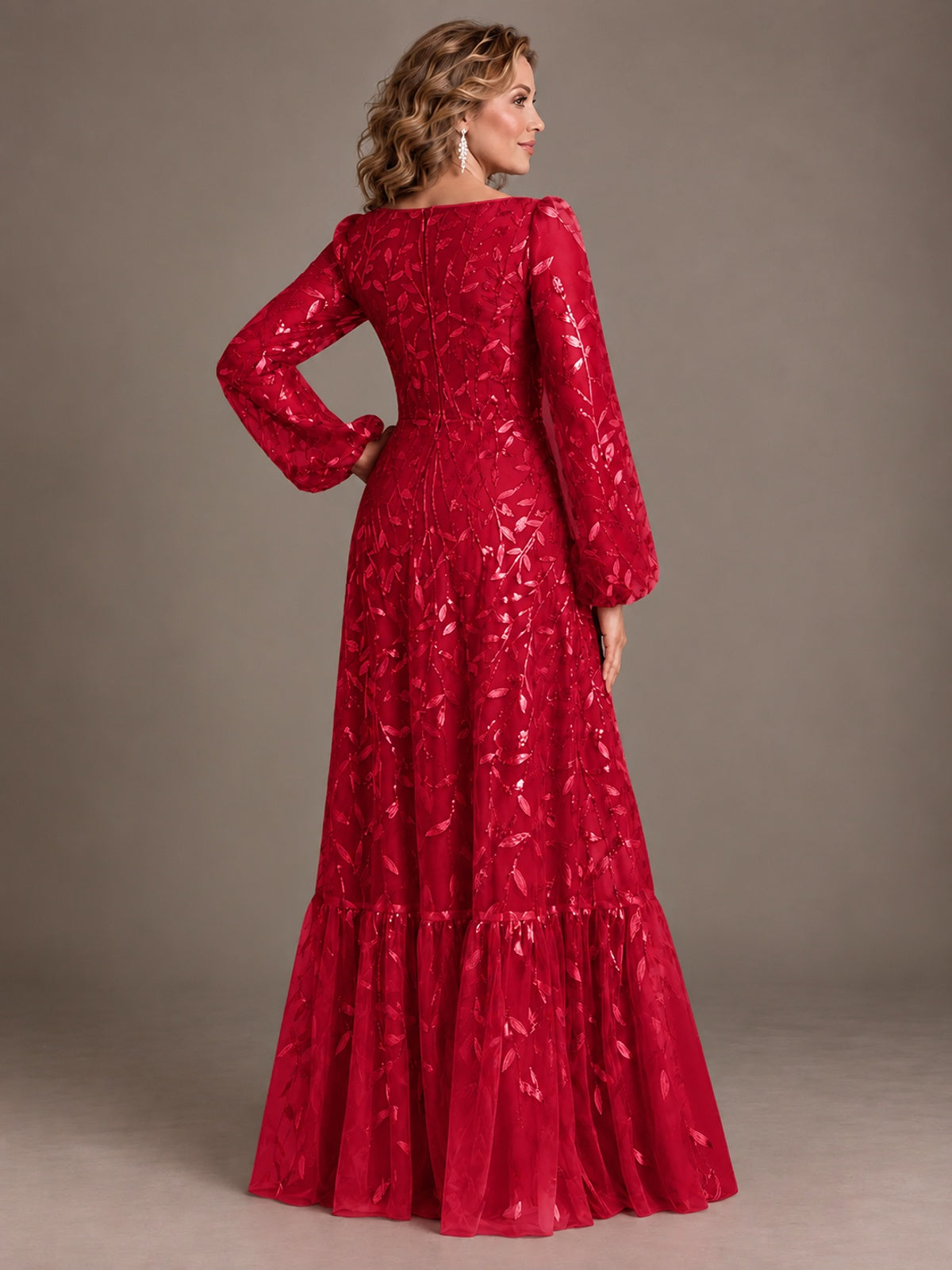 Floral Sequin Embroidered A-Line Mother of the Bride Dress with Long Sleeves