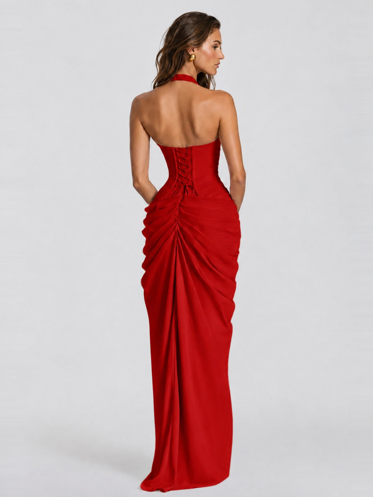 Ruched Halter Neck High-Slit Prom & Evening Dress