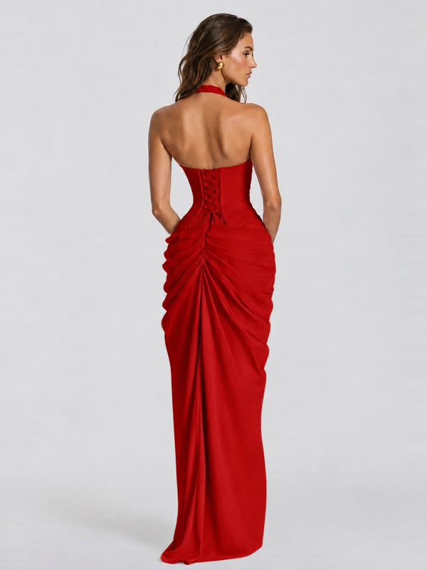 Ruched Halter Neck High-Slit Prom & Evening Dress