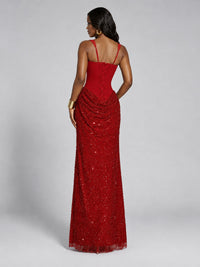 Sequin Corset Mermaid Prom Dress with Square Neck Wide Strap High Slit