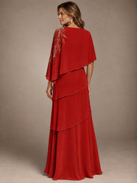 Elegant Chiffon Cape Sleeve Beaded Mother of the Bride Dress
