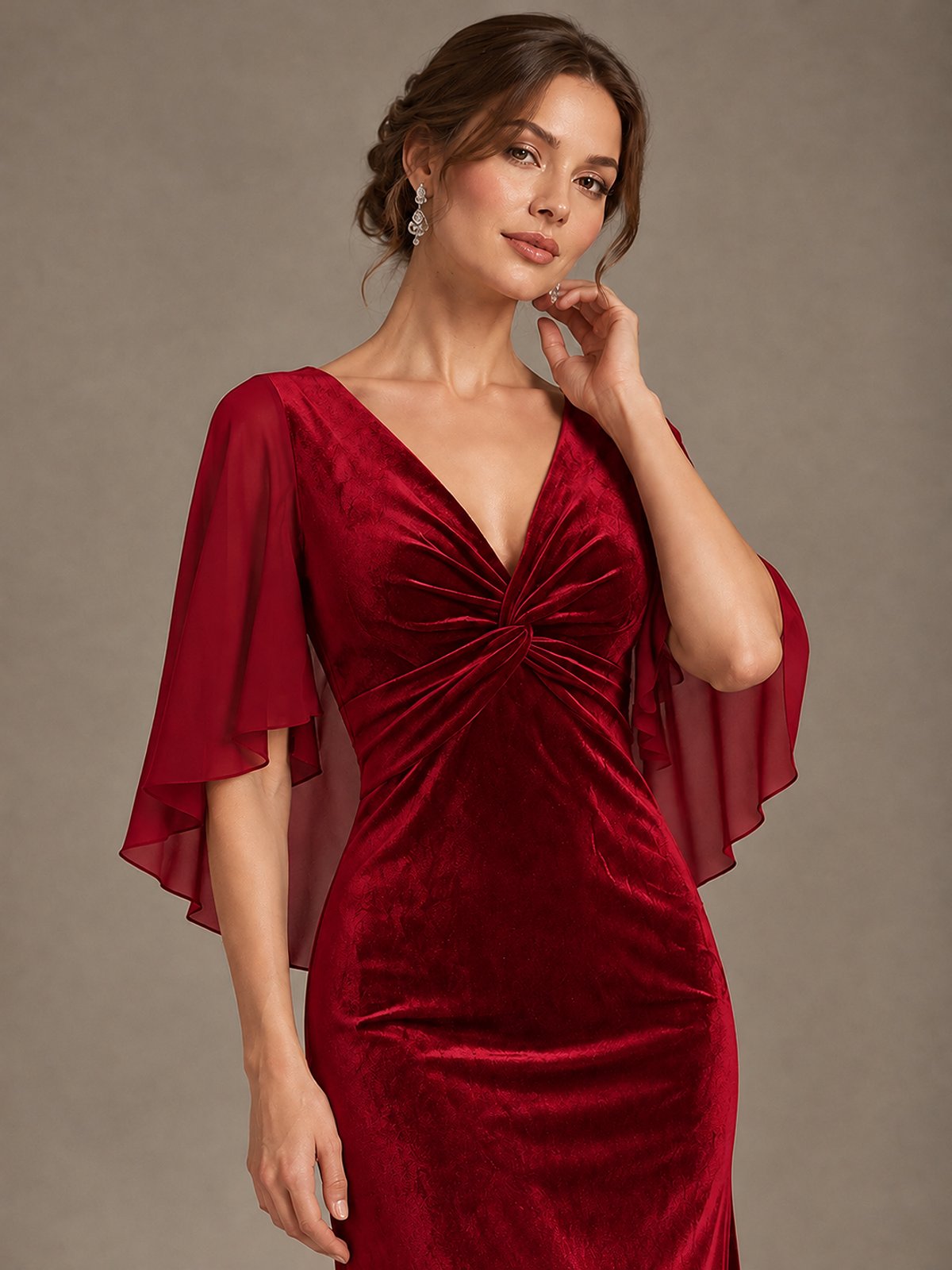 Navy Blue Velvet V Neck Mermaid Formal Dress with Flutter Cape Sleeves