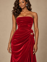 Burgundy Velvet Strapless Ruched Prom Dress with Jeweled Side Drape