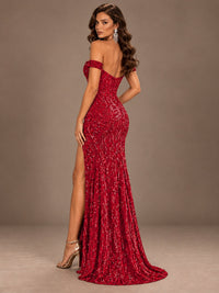 Off the Shoulder Corset Sequin Mermaid Prom Dress with Slit