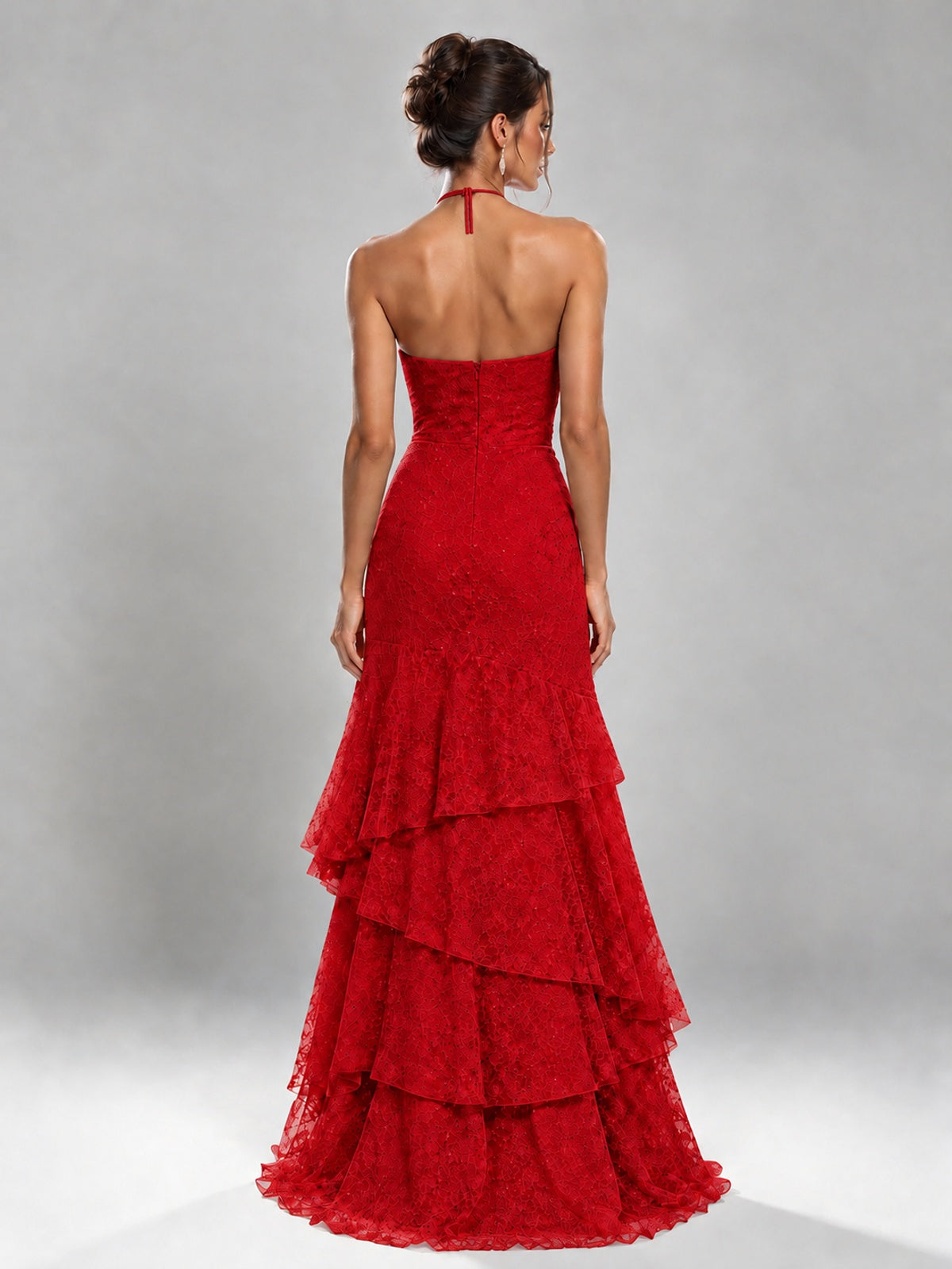 Halter Tiered Mermaid Prom Dress with Sparkly Lace