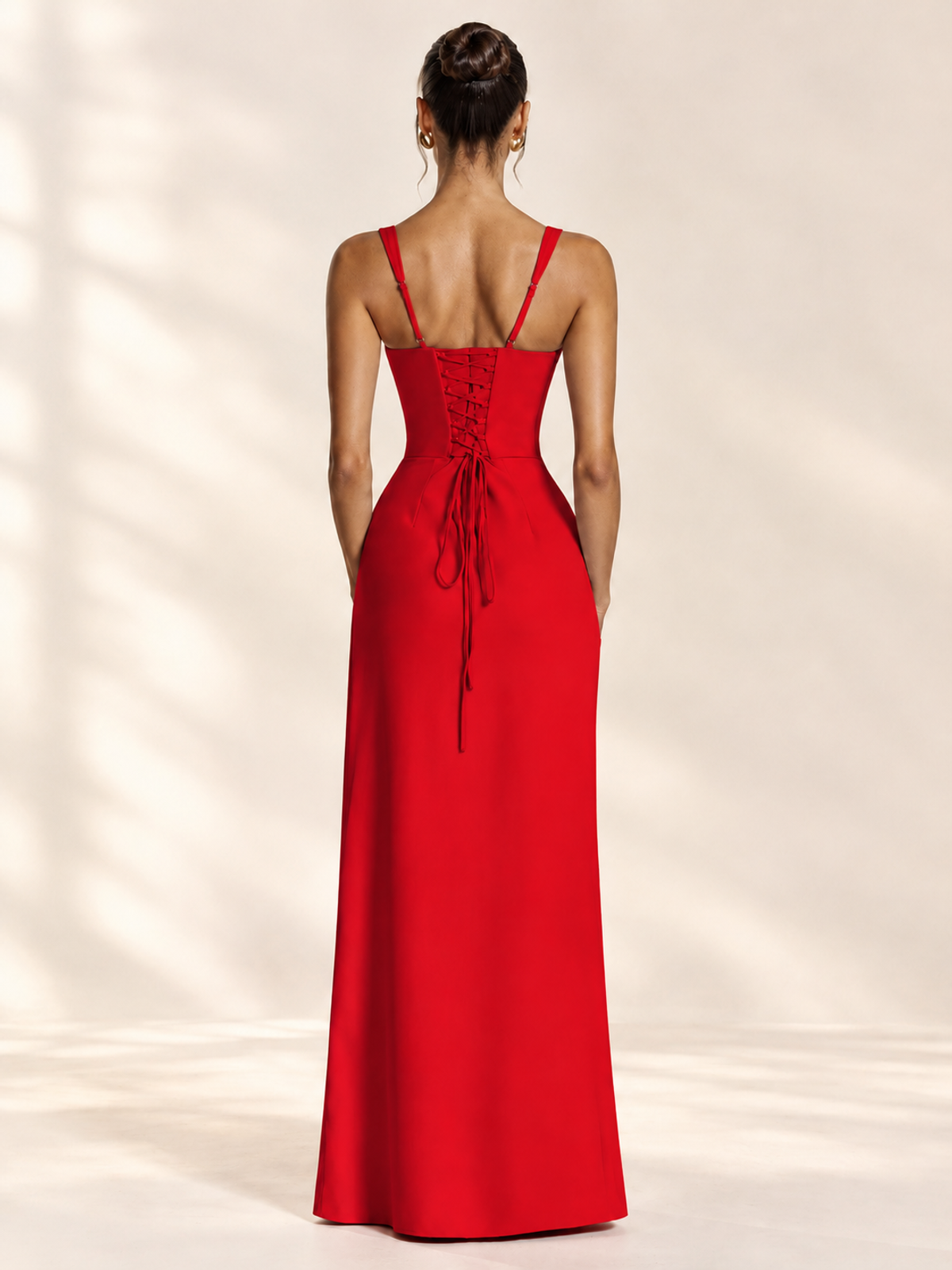 Square Neck Satin Sleeveless Ruched Prom Dress with High Slit