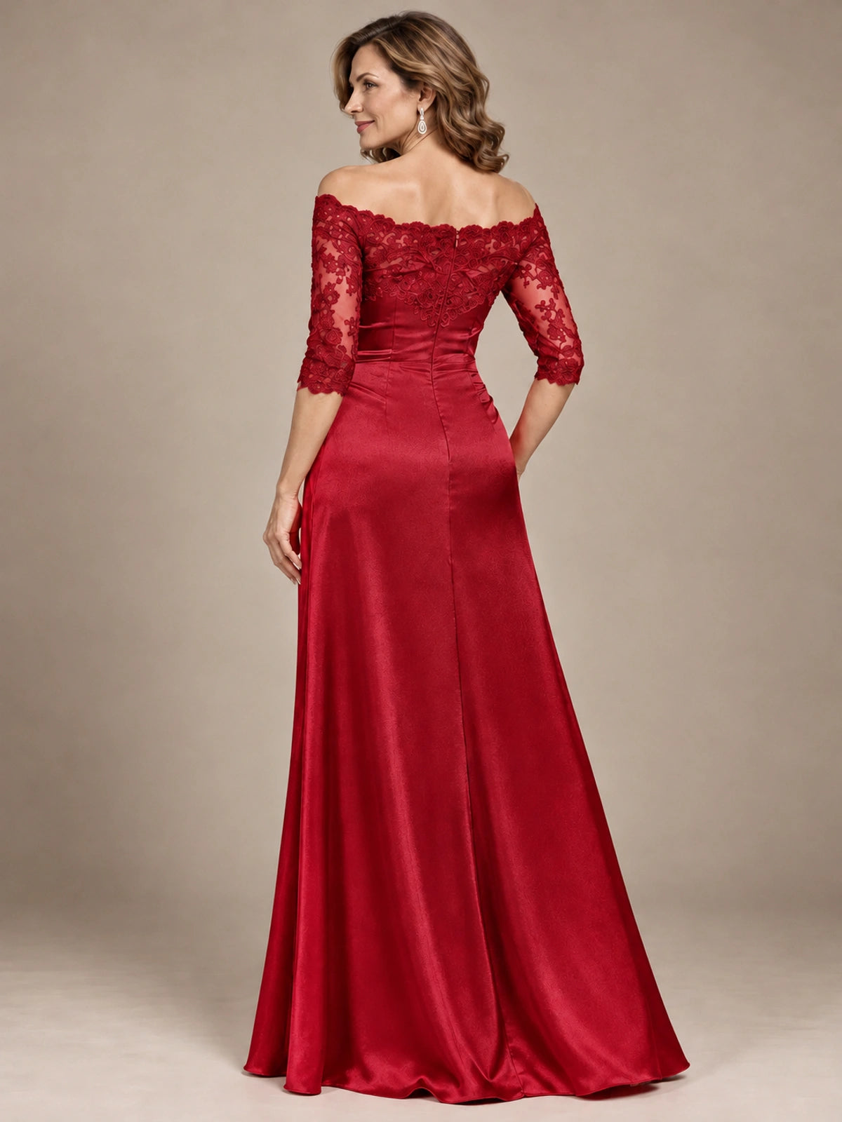 Satin Mother of the Bride Dress with Lace Sleeves Off Shoulder Formal Gown