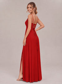 V-Neck Pleated Chiffon Long Bridesmaid Dress with Slit