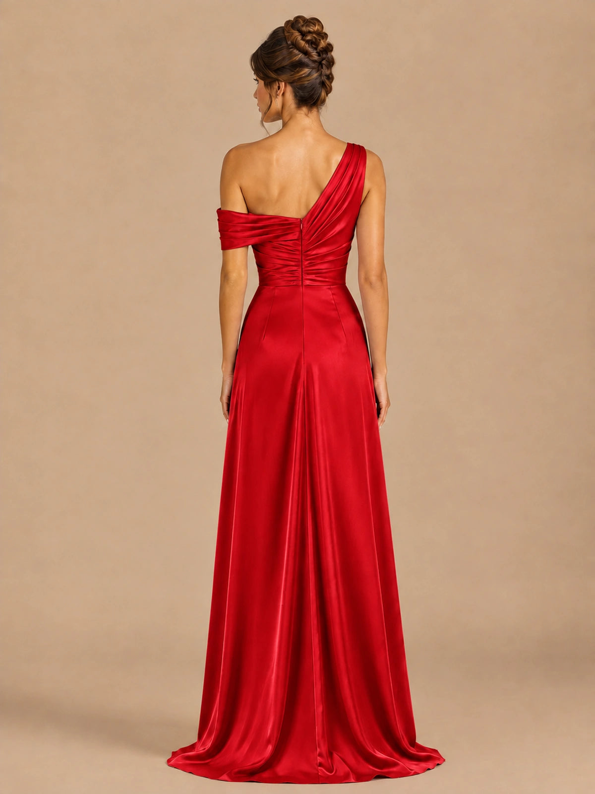 Satin One Shoulder Prom Dress Ruched Long Formal Evening Gown