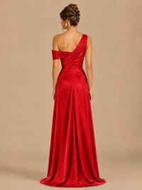 Satin One Shoulder Prom Dress Ruched Long Formal Evening Gown