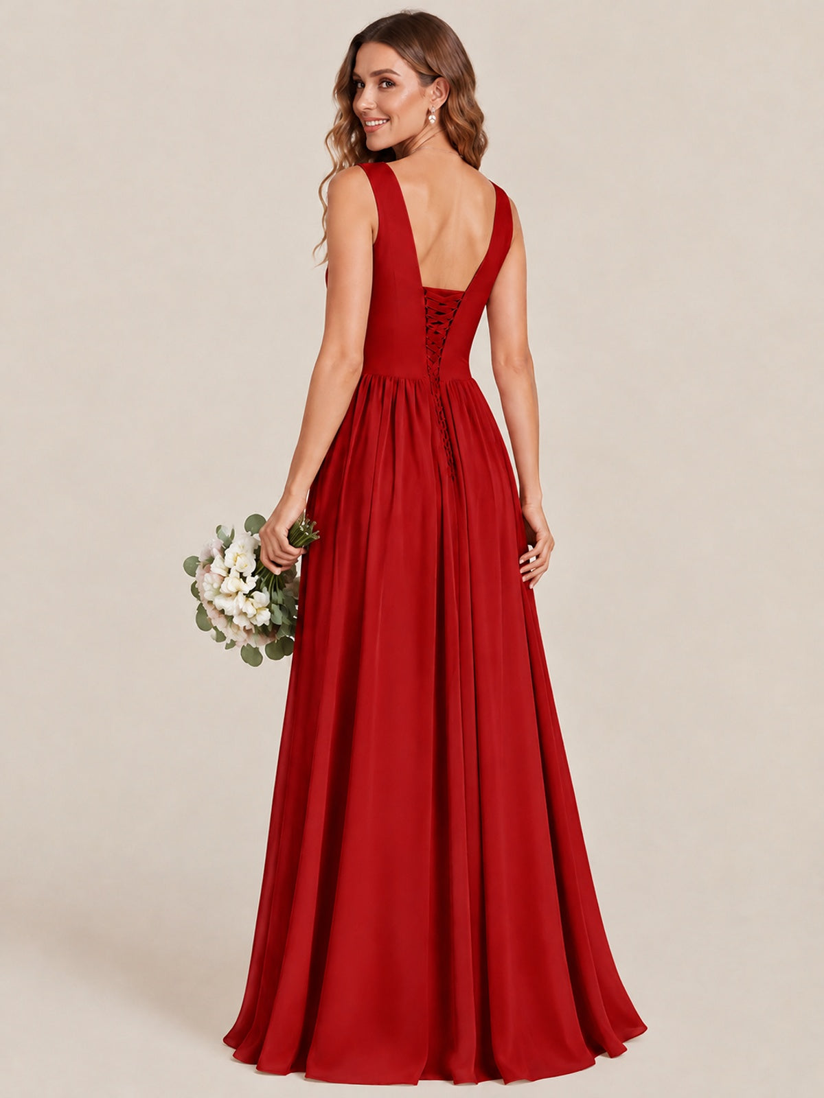 A-line Sleeveless Rucehd Chiffon Bridesmaid Dress with High Slit