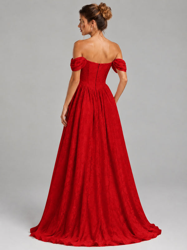 Off the Shoulder A-Line Jacquard Maxi Dress
