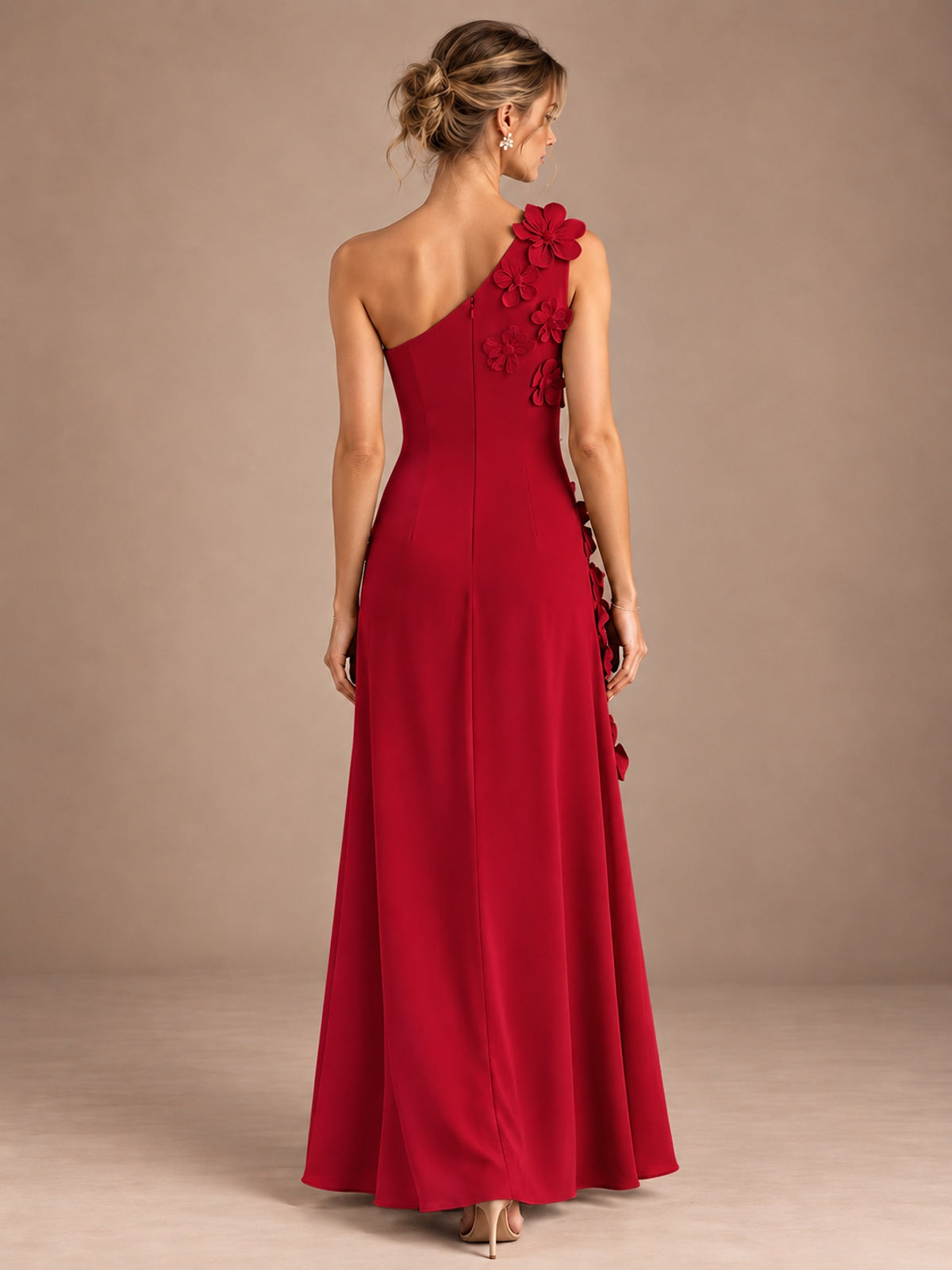 Sage Green One Shoulder Satin Formal Maxi Dress with 3D Floral