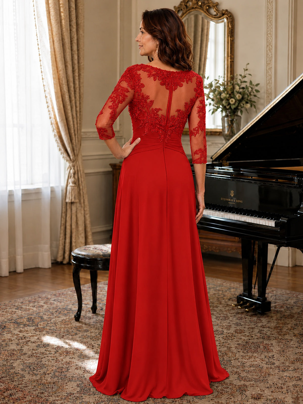 A-Line Chiffon Mother of the Bride Dress with Floral Applique 3/4 Sleeves
