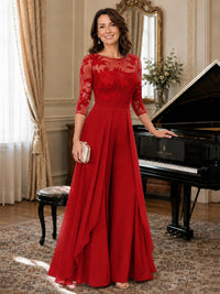 Lace Applique Wide-Leg Chiffon Mother of the Bride Jumpsuit