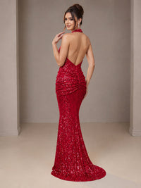 Gold Halter Sequin Mermaid Ruched Prom Dress Long Ruched Evening Gown