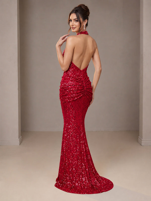 Halter Sequin Mermaid Ruched Prom Dress Long Ruched Evening Gown