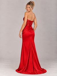 Strapless Satin Prom Dress with Sheer Lace Corset & High Slit
