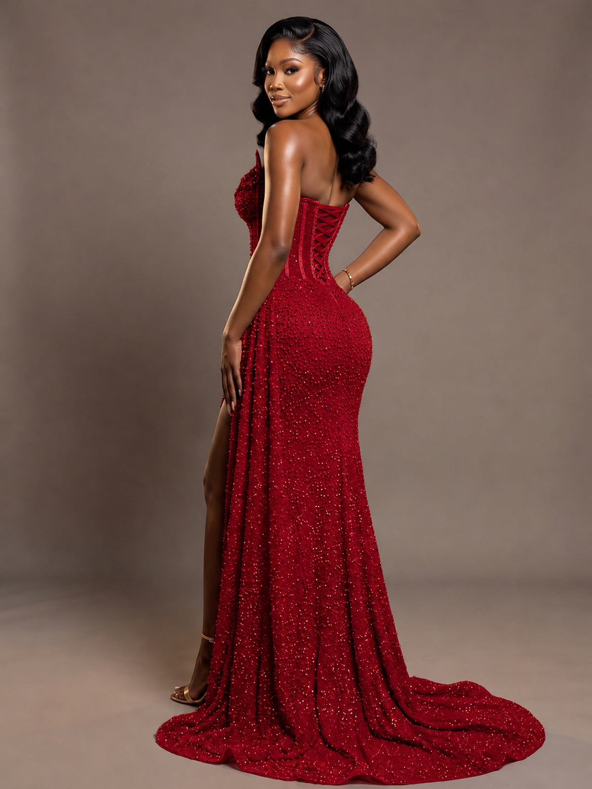 Luxury Strapless Sequin Corset Mermaid Prom Dress with High Slit & Train