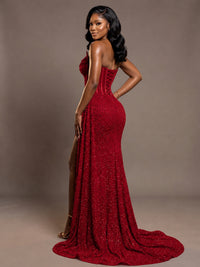 Luxury Strapless Sequin Corset Mermaid Prom Dress with High Slit & Train