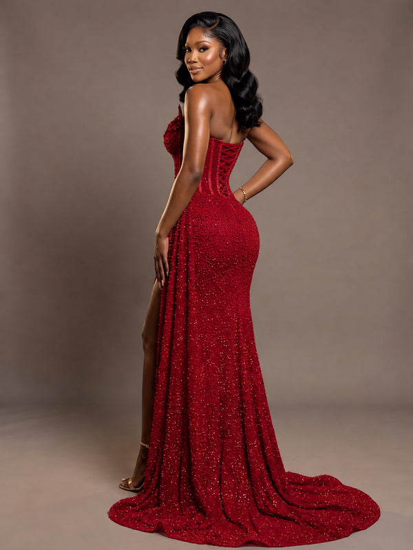 Luxury Strapless Sequin Corset Mermaid Prom Dress with High Slit & Train