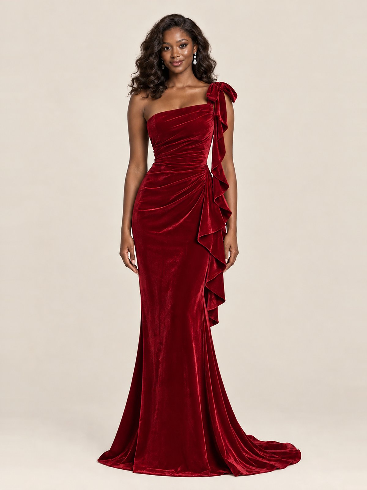 Black Velvet One-Shoulder Mermaid Evening Gown with Bow & Ruffles