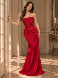 White Strapless Mermaid Maxi Dress with 3D Floral Appliques