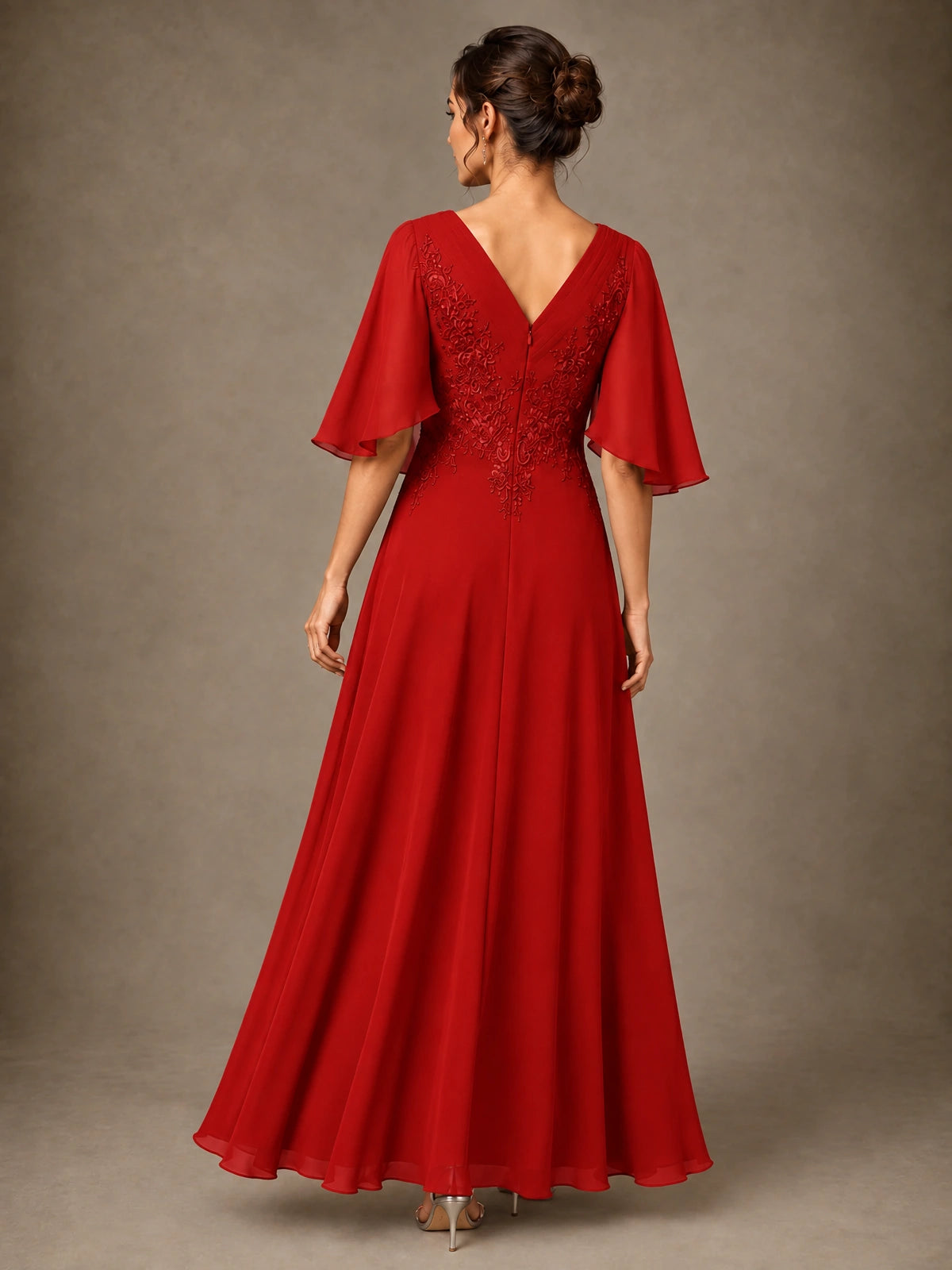 V-Neck Chiffon Lace Mother of the Bride Dress with Flutter Sleeves