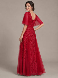 V-Neck Sequin Tulle Mother of the Bride Dress with Flutter Sleeve