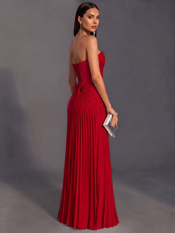 Strapless A-line Long Pleated Satin Prom Dress
