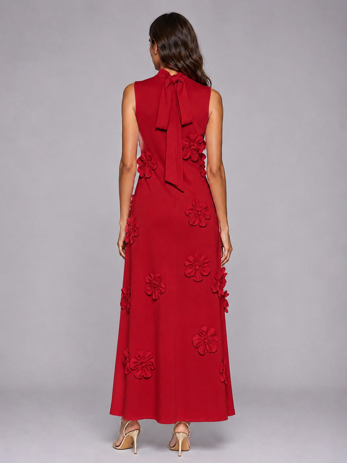 3D Floral Applique High Neck Prom Maxi Dress