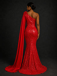 Gold Sequin One Shoulder Mermaid Prom Dress with Cape