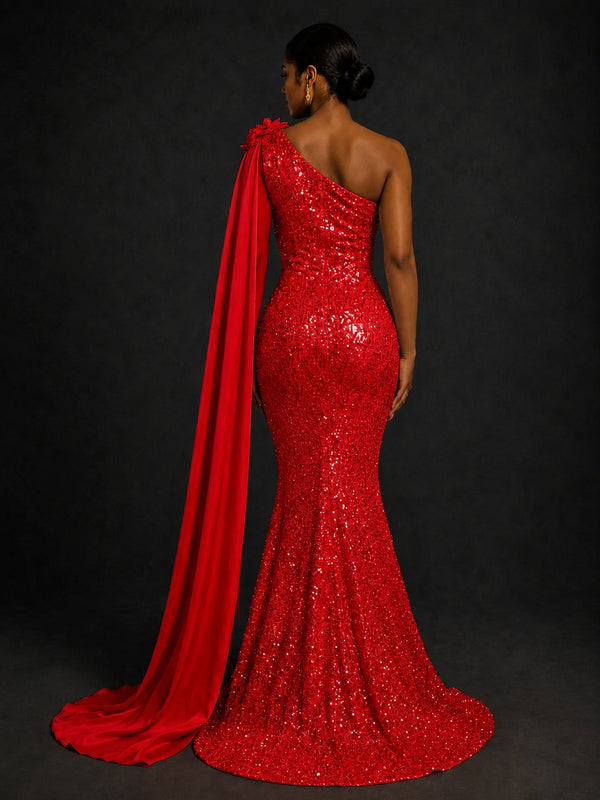 Sequin One Shoulder Mermaid Prom Dress with Cape