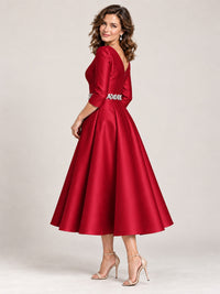 V-Neck Tea-Length Mother of the Bride Dress with Embellished Waist