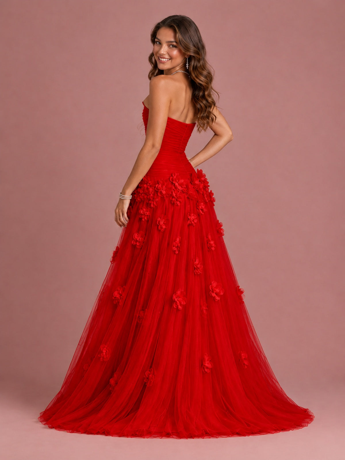 Blush Pink Strapless Sweetheart 3D Floral Tulle Ball Gown Prom Dres