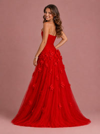 Blush Pink Strapless Sweetheart 3D Floral Tulle Ball Gown Prom Dres