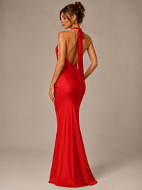 Olive Green Halter Satin Mermaid Maxi Dress