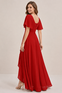 Dusty Blue Chiffon Bridesmaid Dress with Flutter Sleeves & High-Low Hem