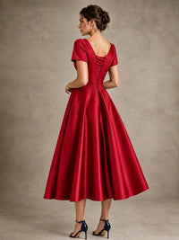 V-Neck Tea-Length Satin Mother of the Bride Dress with Bow