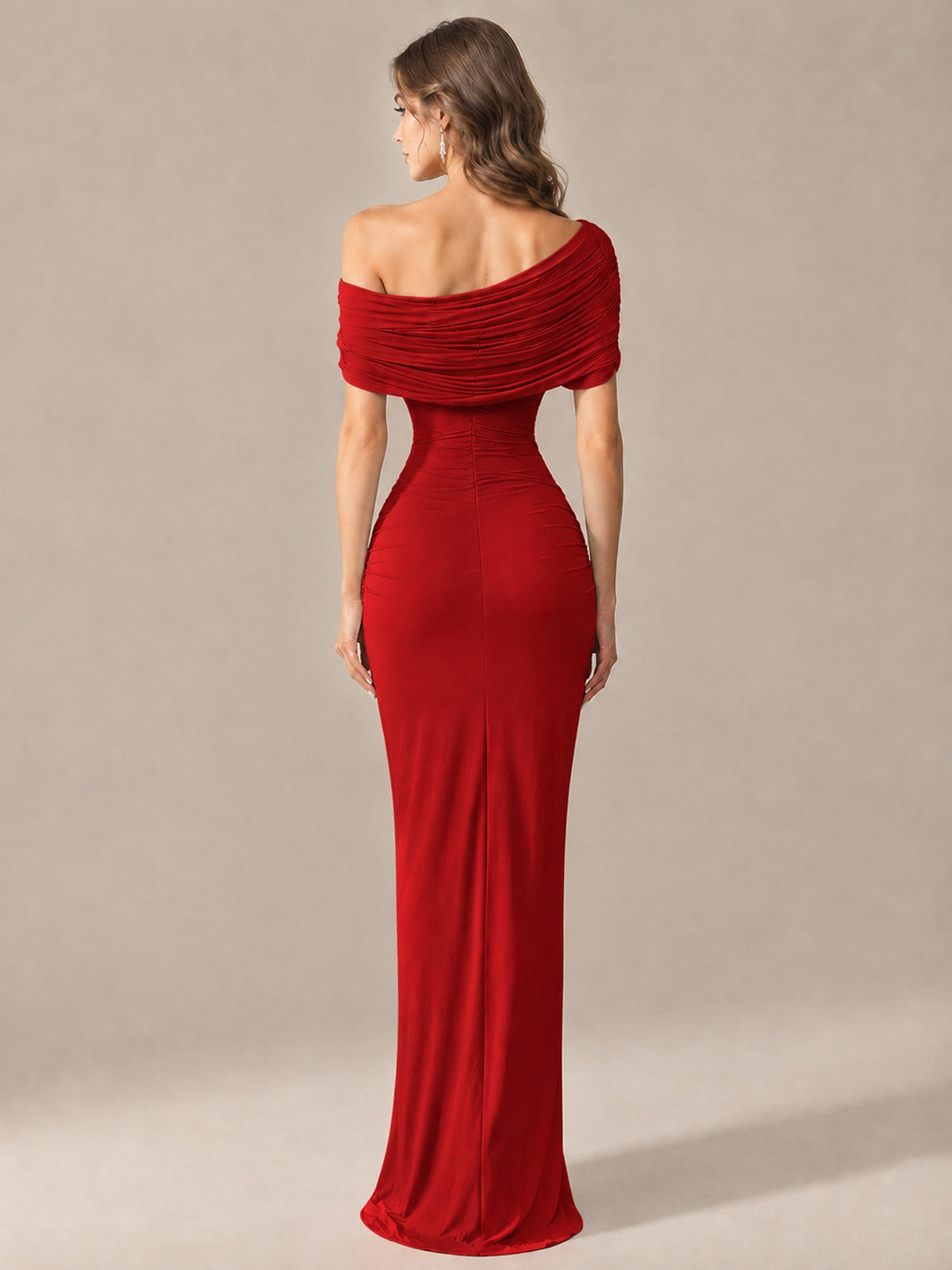 Elegant Draped Off Shoulder Ruched Mermaid Chiffon Formal Evening Gown