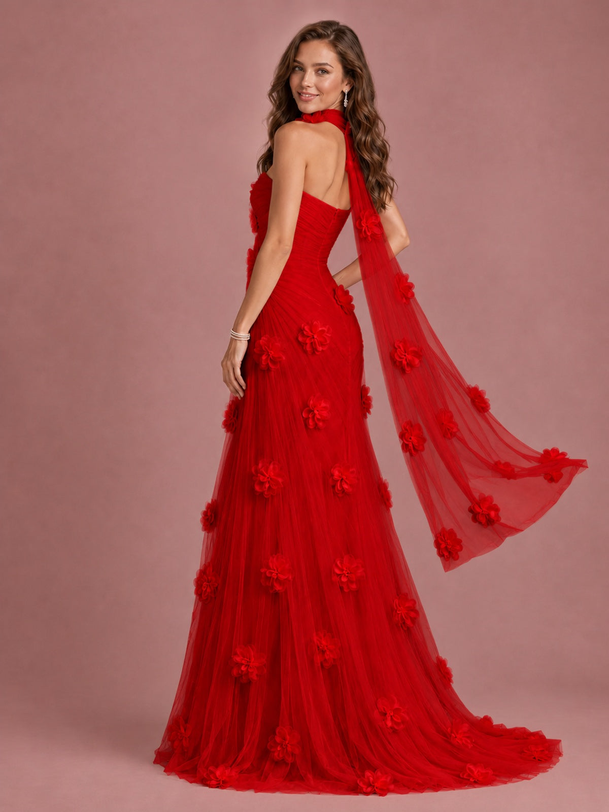 Blush Pink Strapless Sweetheart 3D Floral Tulle Mermaid Prom Dress