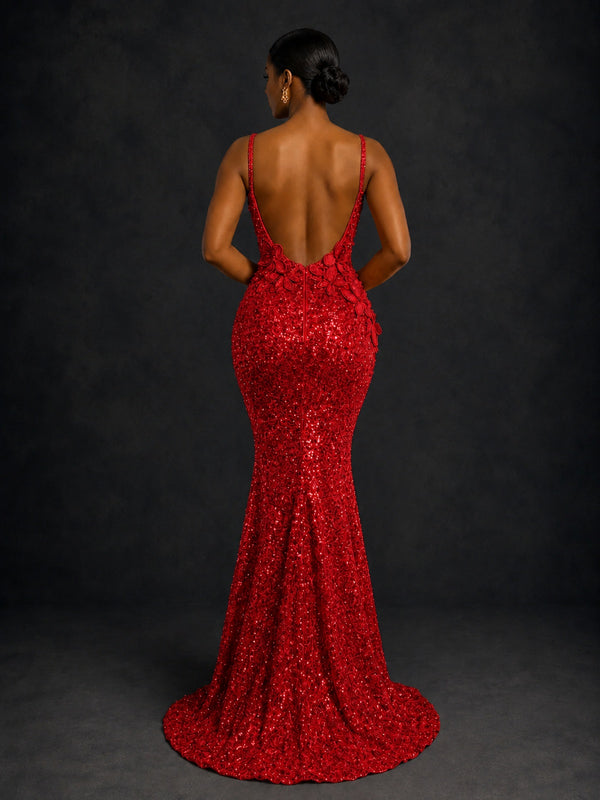 Sequin Mermaid Prom Dress with Floral Applique