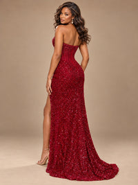 Gold Sequin Strapless Corset Prom Dress with High Slit