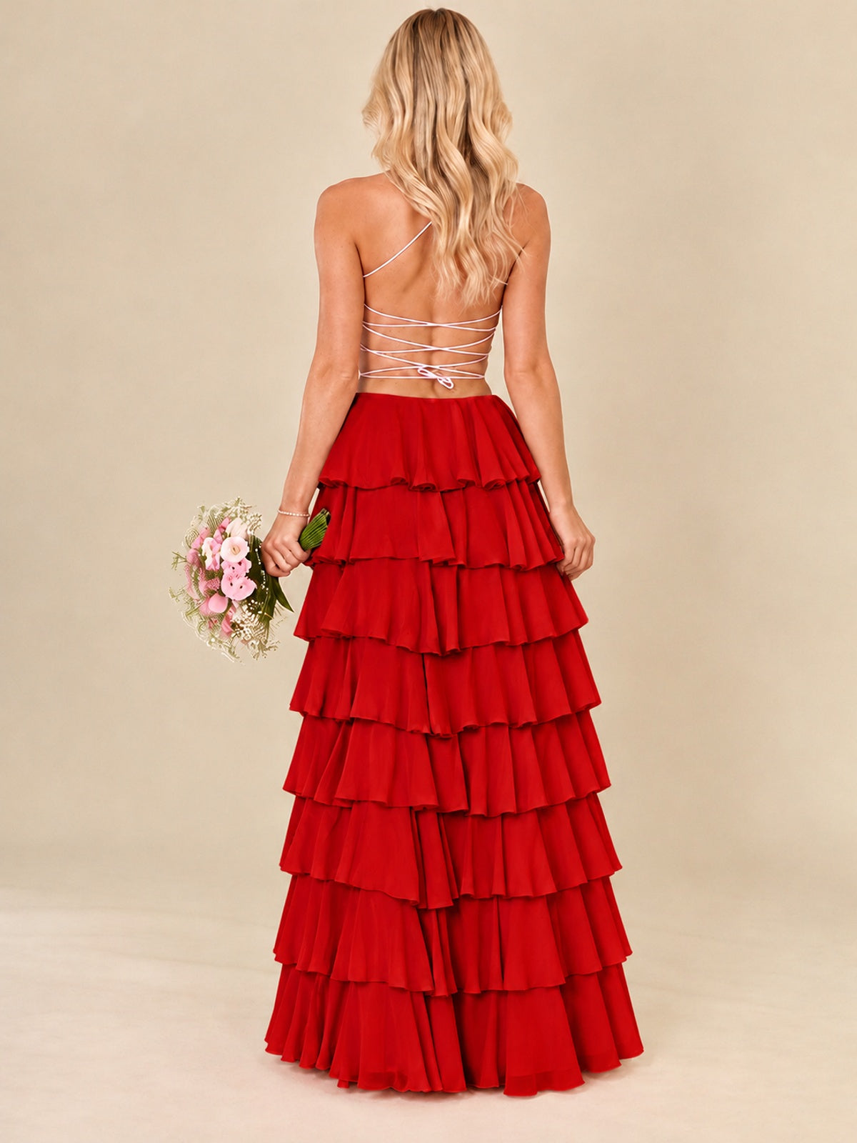 Ruffled Tiered Chiffon Prom Dress Spaghetti Straps Formal Maxi Dress with Slit