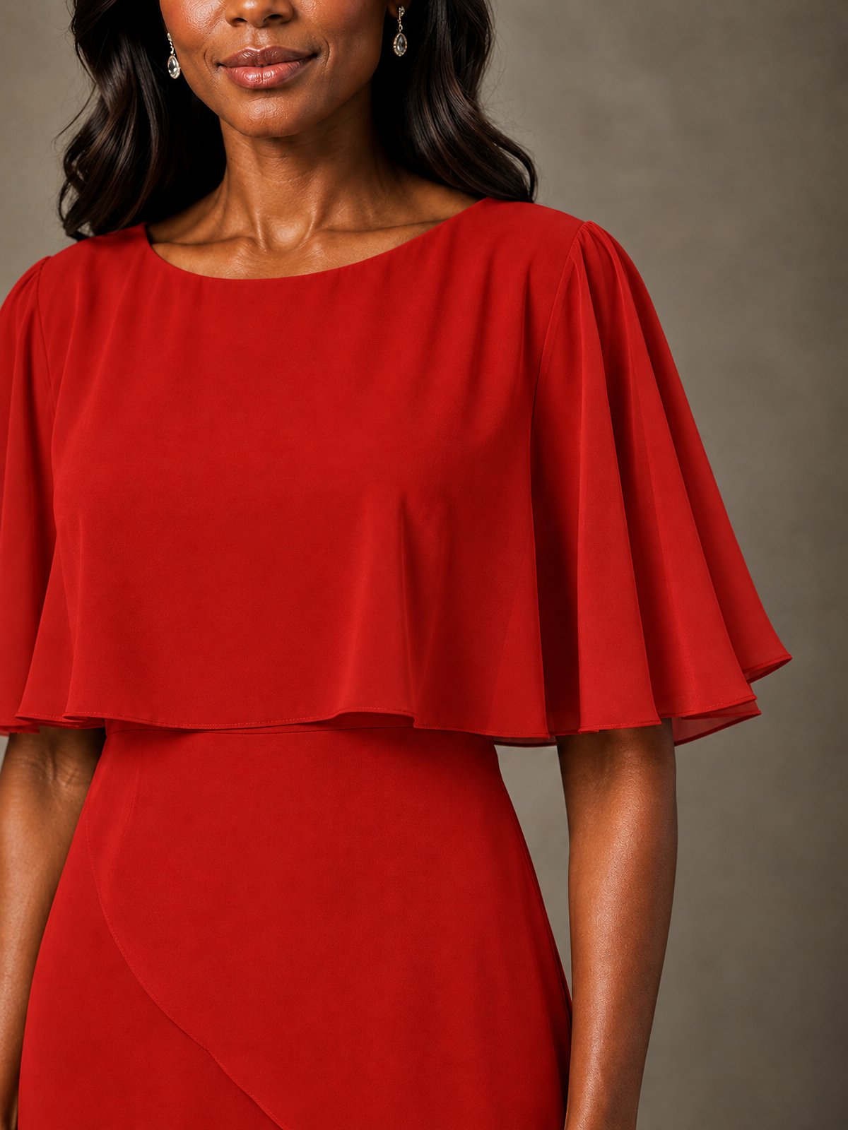 Taupe Chiffon A-Line Mother of the Bride Dress with Cape Sleeves